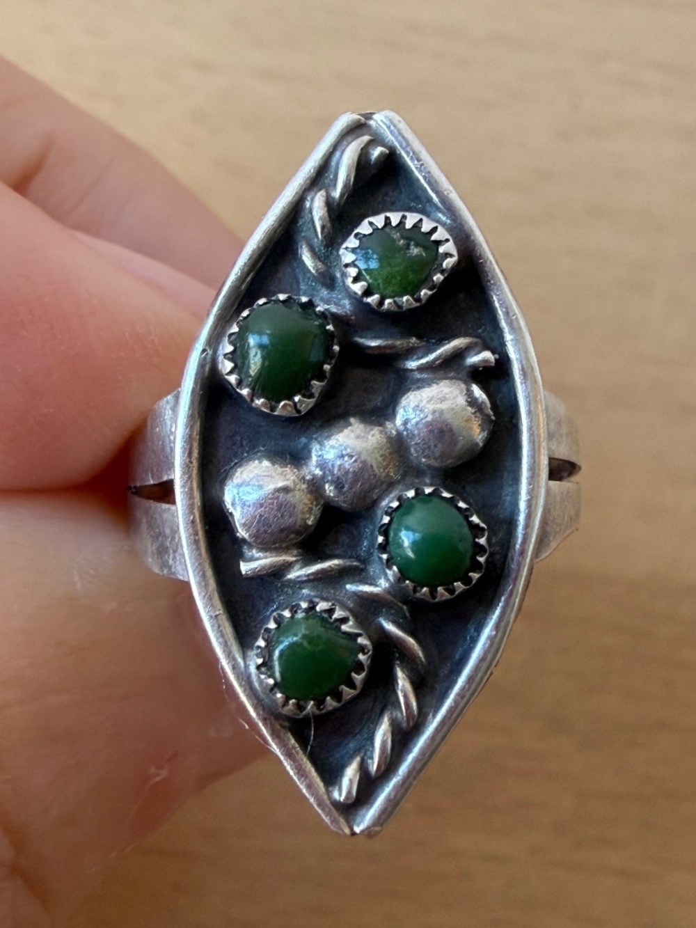 VINTAGE NAVAJO NATIVE AMERICAN GREEN TURQUOISE MARQUISE SHAPE RING STERLNG AS IS